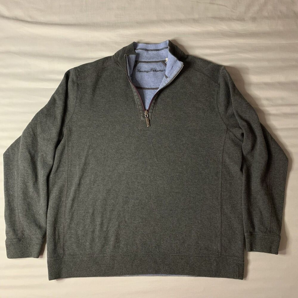 TOMMY BAHAMA Olive/Mushroom REVERSIBLE 1/4 Zip Pullover Sweater Mens Large